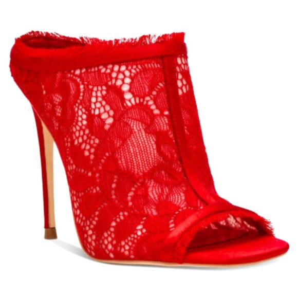 Steve Madden Kourt Lace Stiletto Mules Heels Size 7.5M Red Holiday Open Toe - Picture 1 of 5